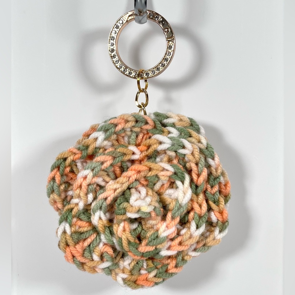 Peach Crochet Flower Bag Charm W/Gold Bling Ring